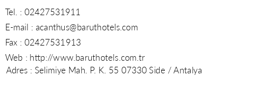 Barut Hotels Cennet & Acanthus telefon numaralar, faks, e-mail, posta adresi ve iletiim bilgileri